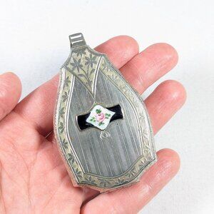 Art Deco silver toned powder compact by R.M.Co, antique dance purse cosmetic